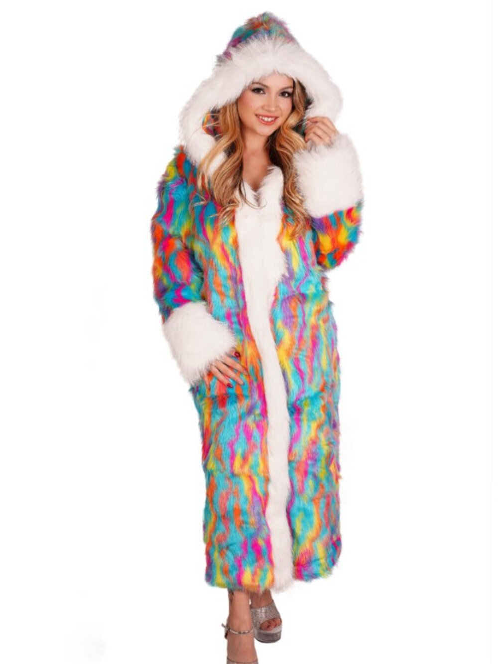 Splatter tie dye long coat with faux fur trim